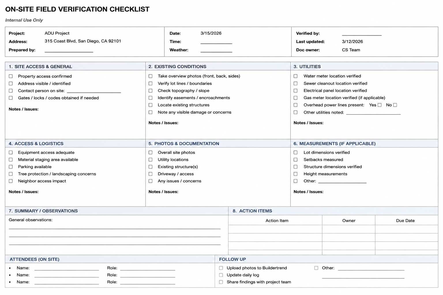 On-site field verification checklist